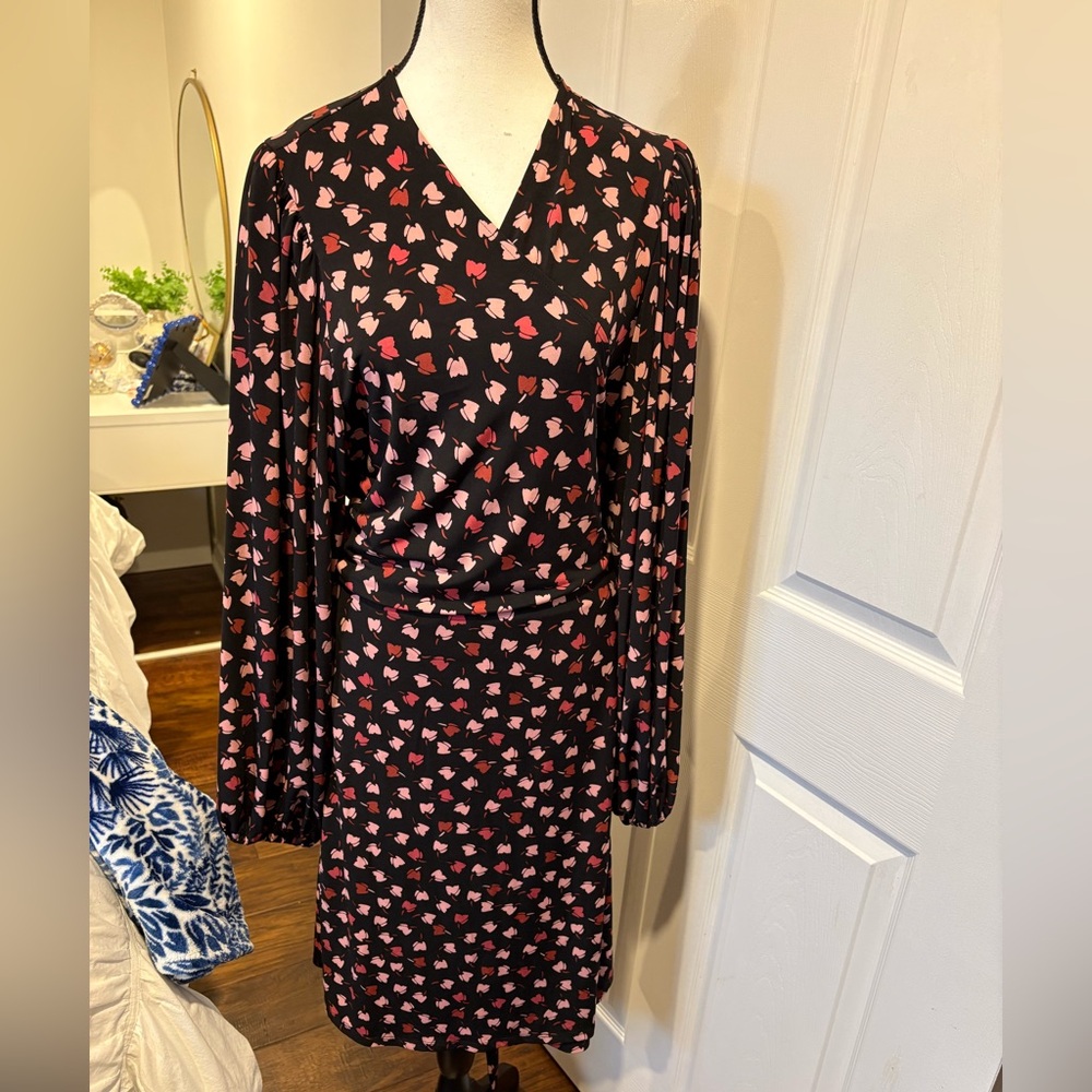 🌷Eloquii 4X Black Pink Floral Wrap Dress Plus Size Long Sleeve Midi 3/$30